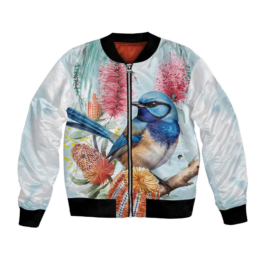 Splendid Fairy-wren Australia Bomber Jacket Aussie National Flowers - Watercolor Style