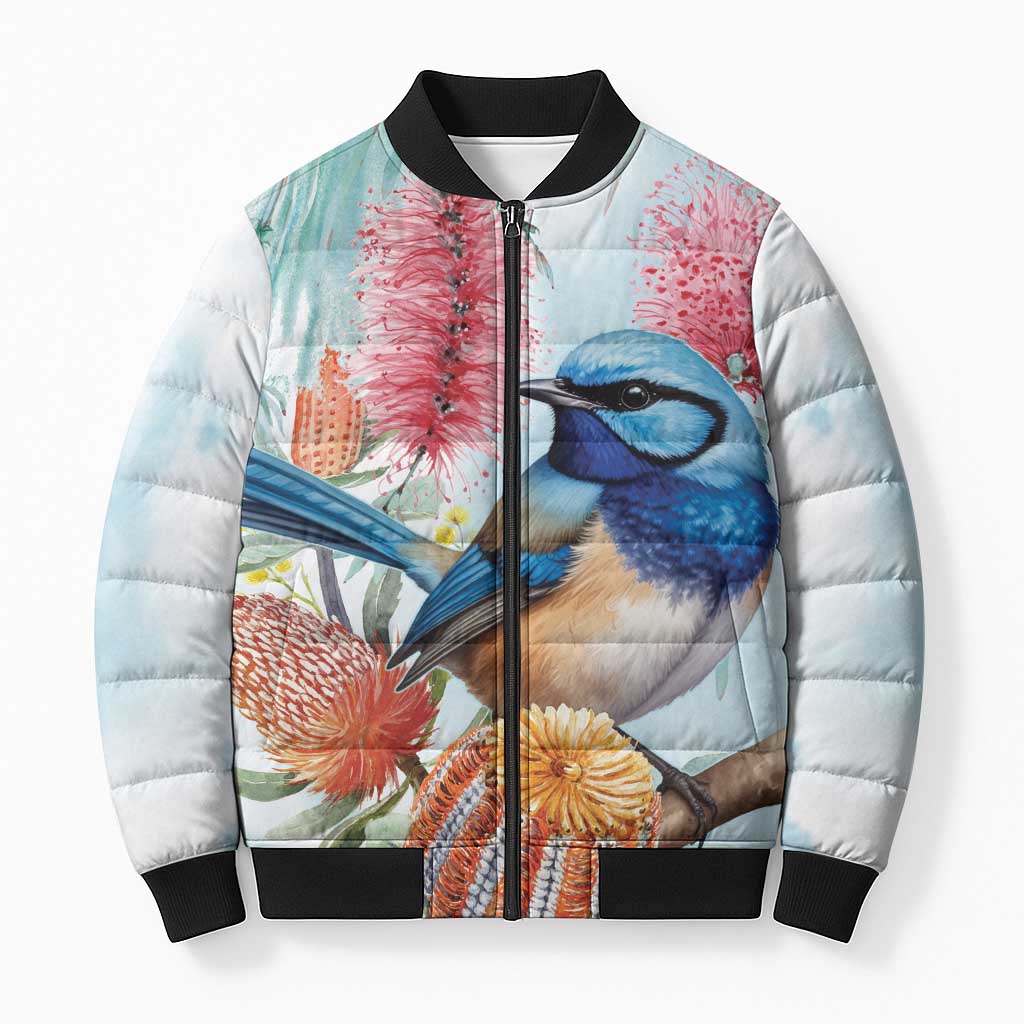 Splendid Fairy-wren Australia Bomber Puffer Jacket Aussie National Flowers - Watercolor Style - Aussie Hoodie