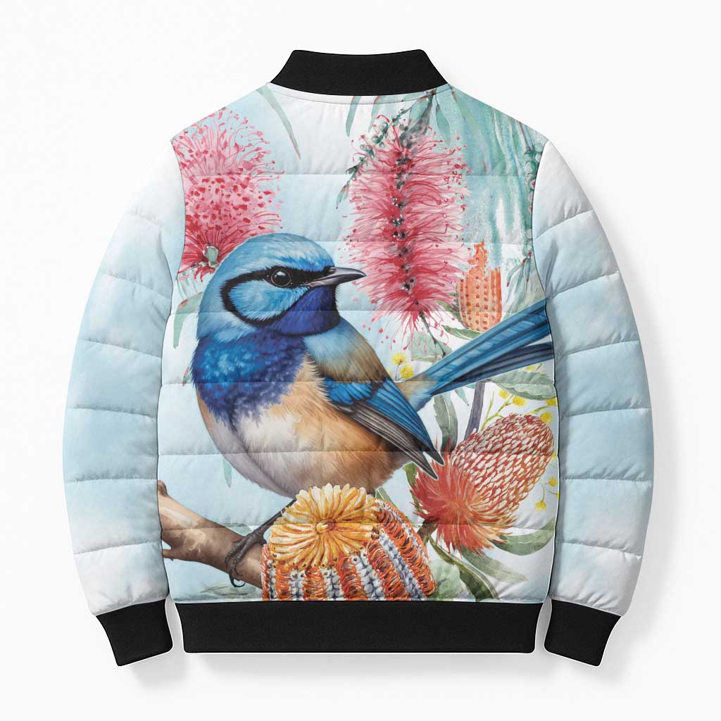 Splendid Fairy-wren Australia Bomber Puffer Jacket Aussie National Flowers - Watercolor Style - Aussie Hoodie