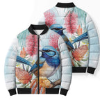 Splendid Fairy-wren Australia Bomber Puffer Jacket Aussie National Flowers - Watercolor Style - Aussie Hoodie