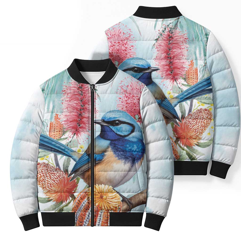 Splendid Fairy-wren Australia Bomber Puffer Jacket Aussie National Flowers - Watercolor Style - Aussie Hoodie