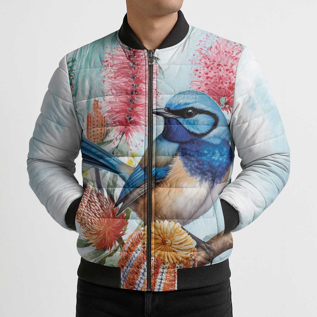 Splendid Fairy-wren Australia Bomber Puffer Jacket Aussie National Flowers - Watercolor Style - Aussie Hoodie