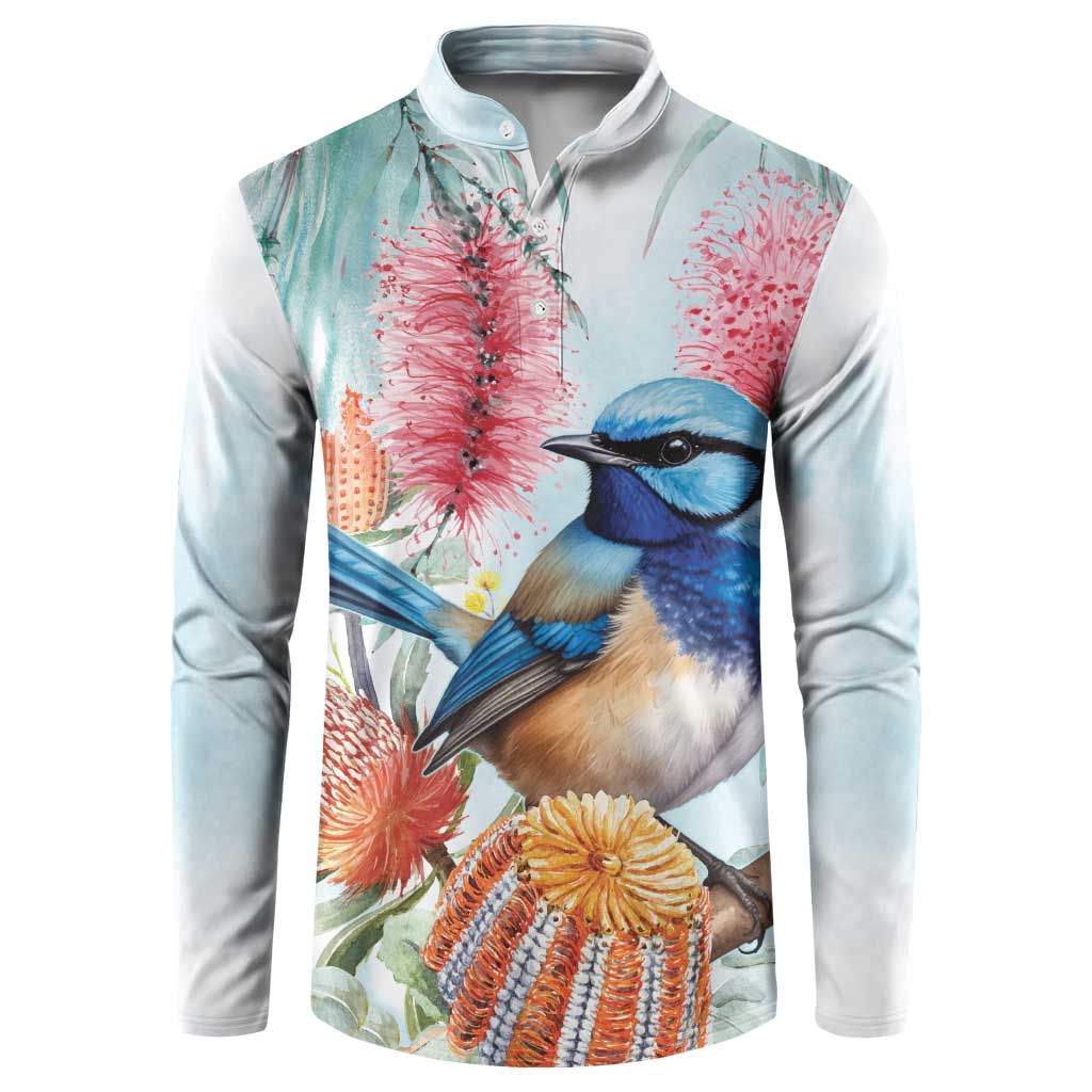 Splendid Fairy-wren Australia Button Sweatshirt Aussie National Flowers - Watercolor Style