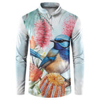 Splendid Fairy-wren Australia Button Sweatshirt Aussie National Flowers - Watercolor Style
