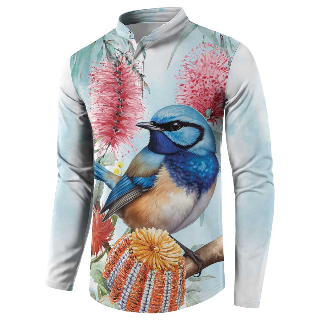 Splendid Fairy-wren Australia Button Sweatshirt Aussie National Flowers - Watercolor Style