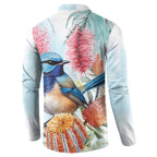 Splendid Fairy-wren Australia Button Sweatshirt Aussie National Flowers - Watercolor Style
