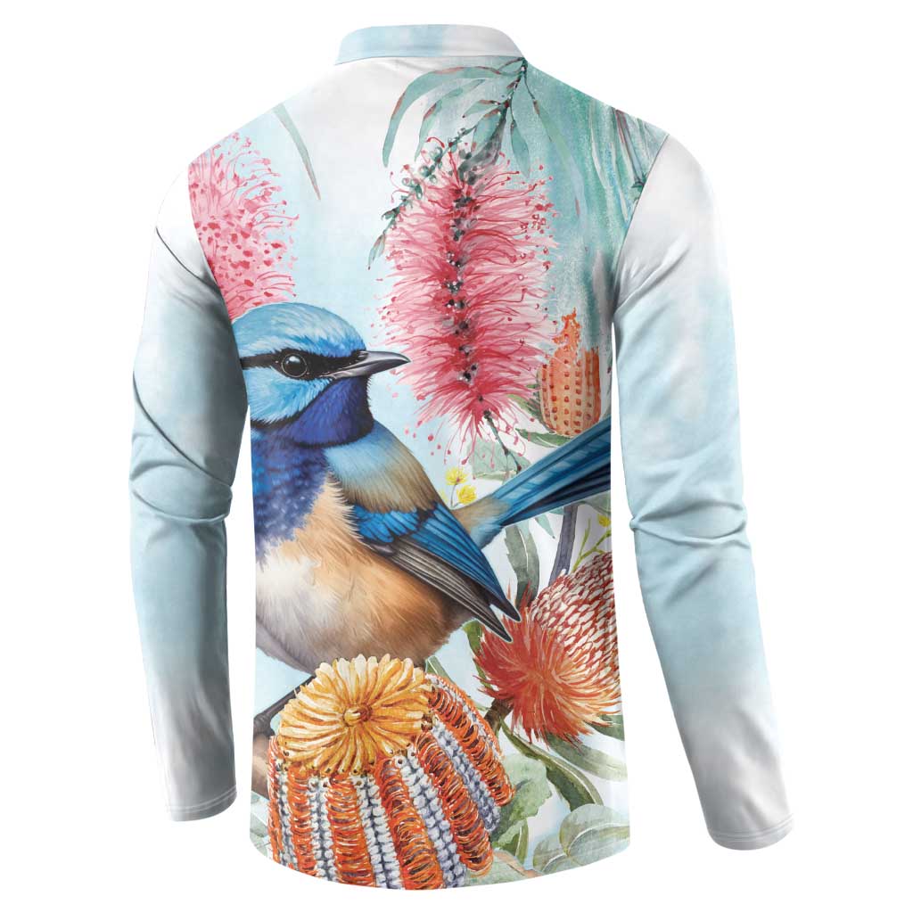 Splendid Fairy-wren Australia Button Sweatshirt Aussie National Flowers - Watercolor Style