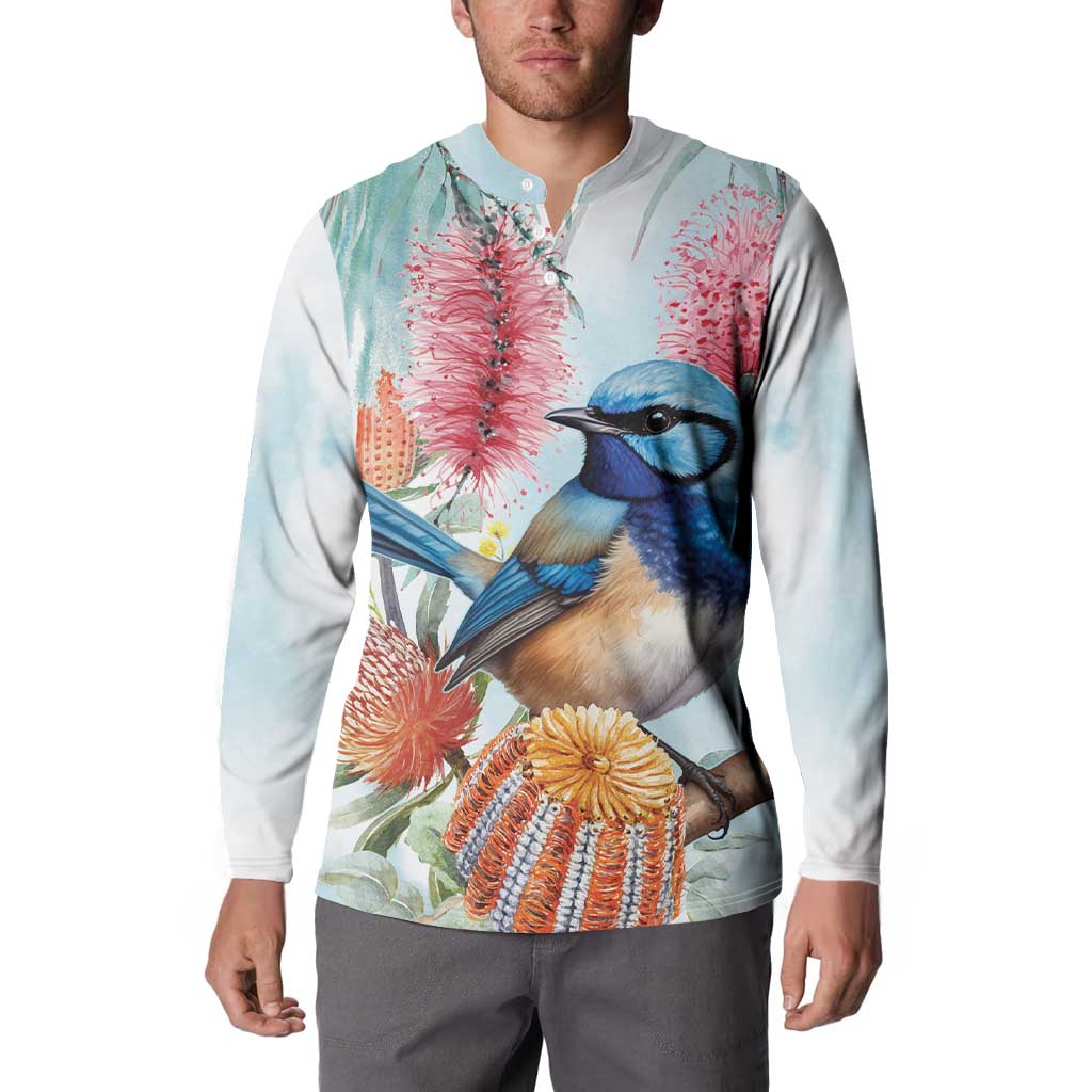 Splendid Fairy-wren Australia Button Sweatshirt Aussie National Flowers - Watercolor Style