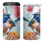 Splendid Fairy-wren Australia 4 in 1 Can Cooler Tumbler Aussie National Flowers - Watercolor Style
