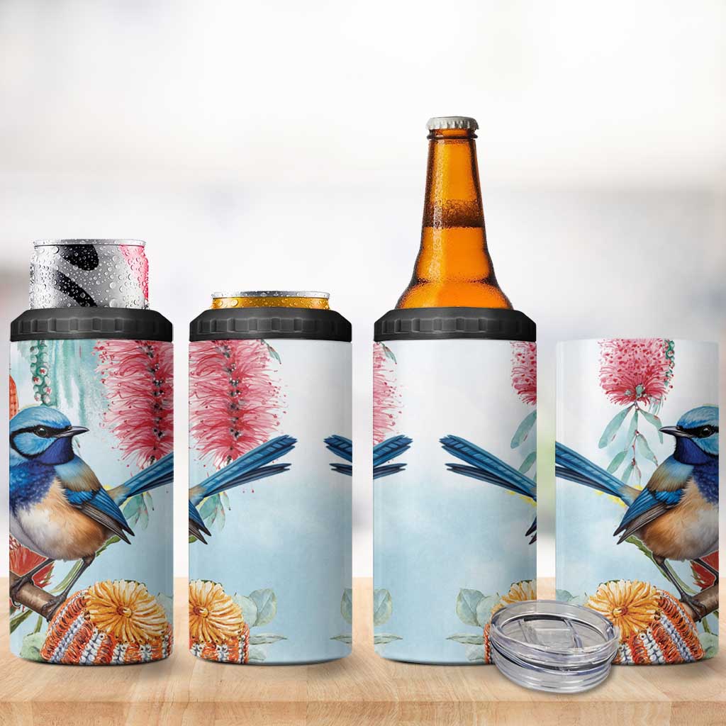 Splendid Fairy-wren Australia 4 in 1 Can Cooler Tumbler Aussie National Flowers - Watercolor Style