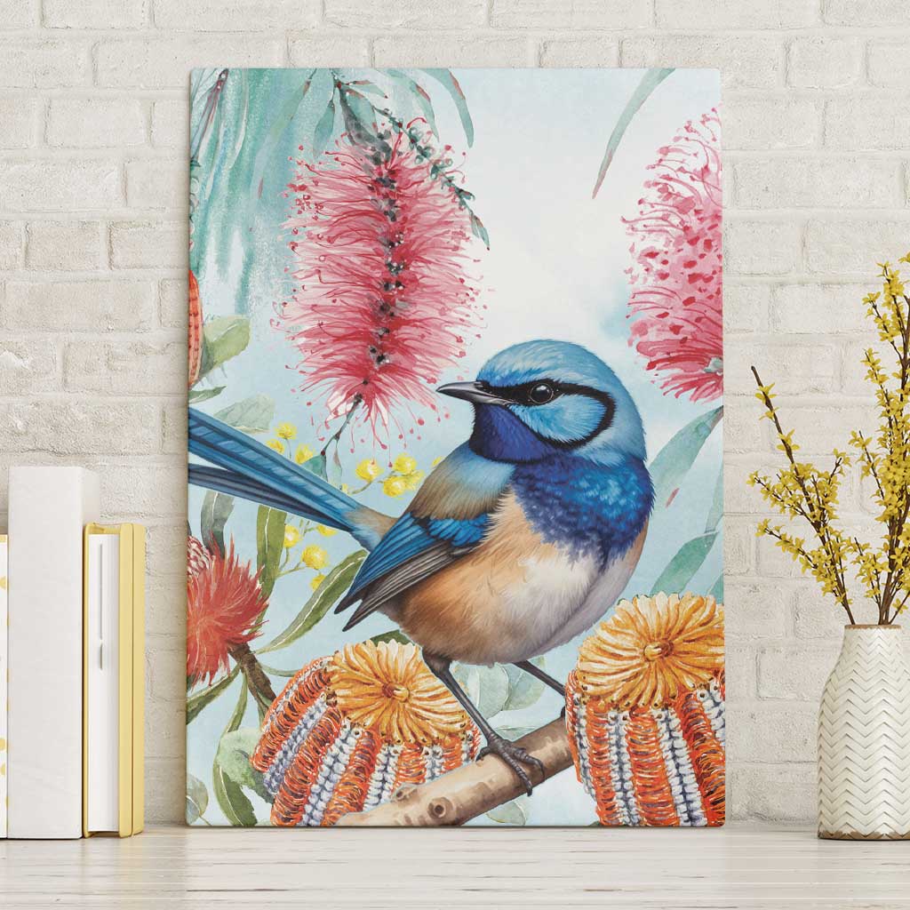 Splendid Fairy-wren Australia Canvas Wall Art Aussie National Flowers - Watercolor Style