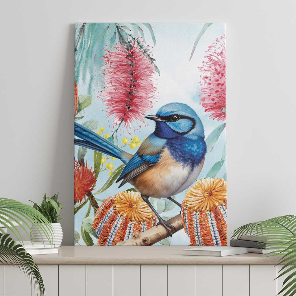 Splendid Fairy-wren Australia Canvas Wall Art Aussie National Flowers - Watercolor Style