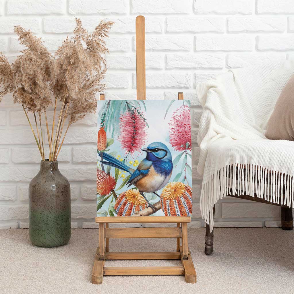 Splendid Fairy-wren Australia Canvas Wall Art Aussie National Flowers - Watercolor Style