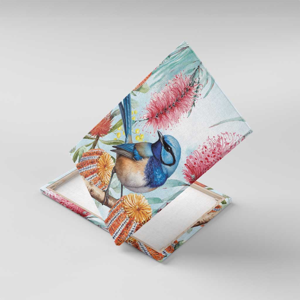 Splendid Fairy-wren Australia Canvas Wall Art Aussie National Flowers - Watercolor Style
