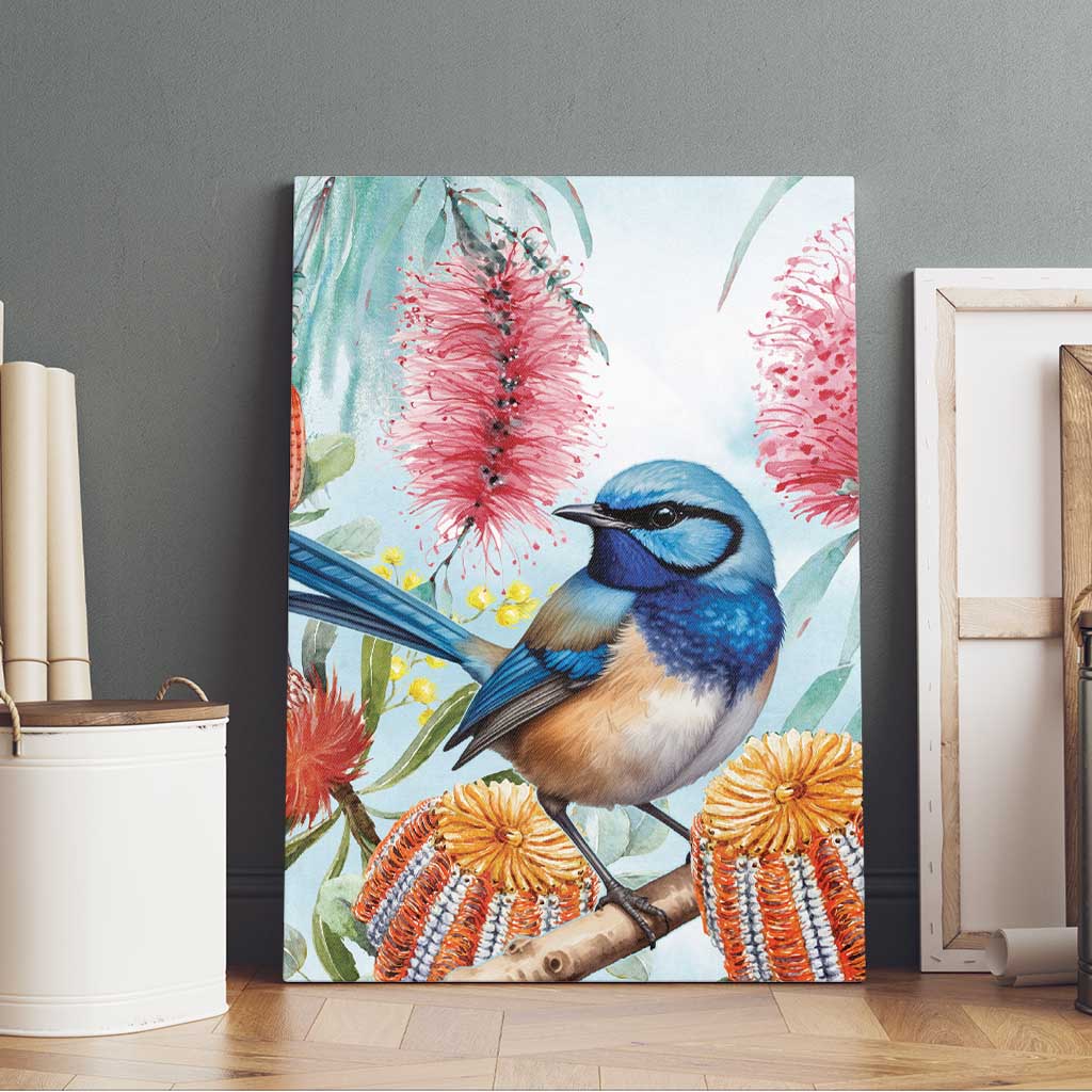 Splendid Fairy-wren Australia Canvas Wall Art Aussie National Flowers - Watercolor Style