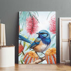 Splendid Fairy-wren Australia Canvas Wall Art Aussie National Flowers - Watercolor Style