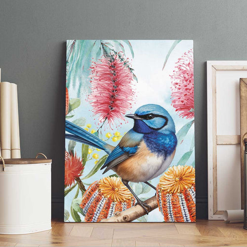 Splendid Fairy-wren Australia Canvas Wall Art Aussie National Flowers - Watercolor Style