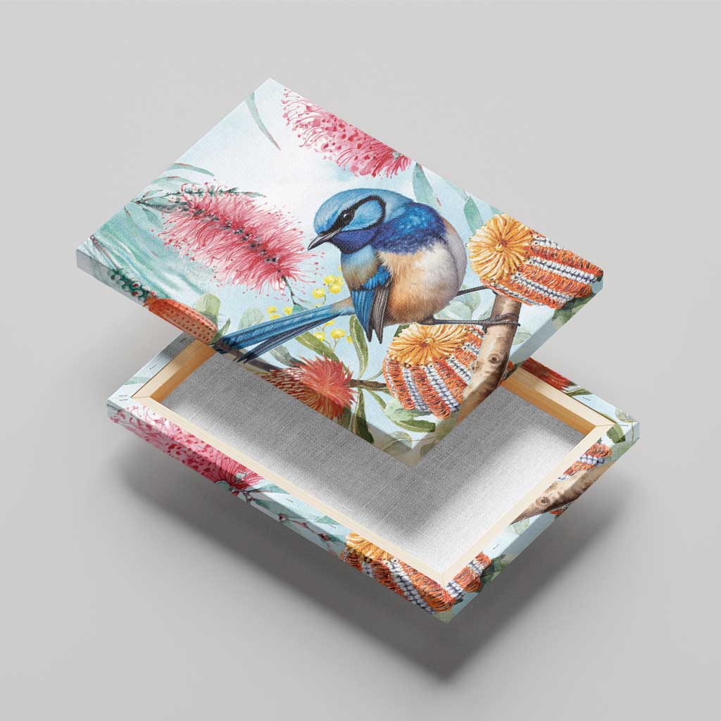 Splendid Fairy-wren Australia Canvas Wall Art Aussie National Flowers - Watercolor Style