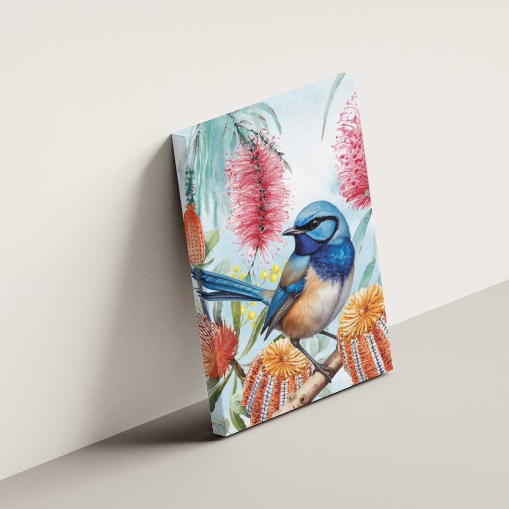Splendid Fairy-wren Australia Canvas Wall Art Aussie National Flowers - Watercolor Style