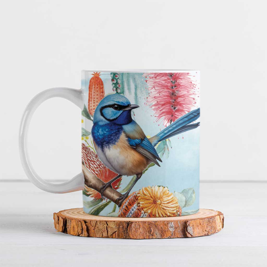 Splendid Fairy-wren Australia Ceramic Mug Aussie National Flowers - Watercolor Style - Aussie Hoodie