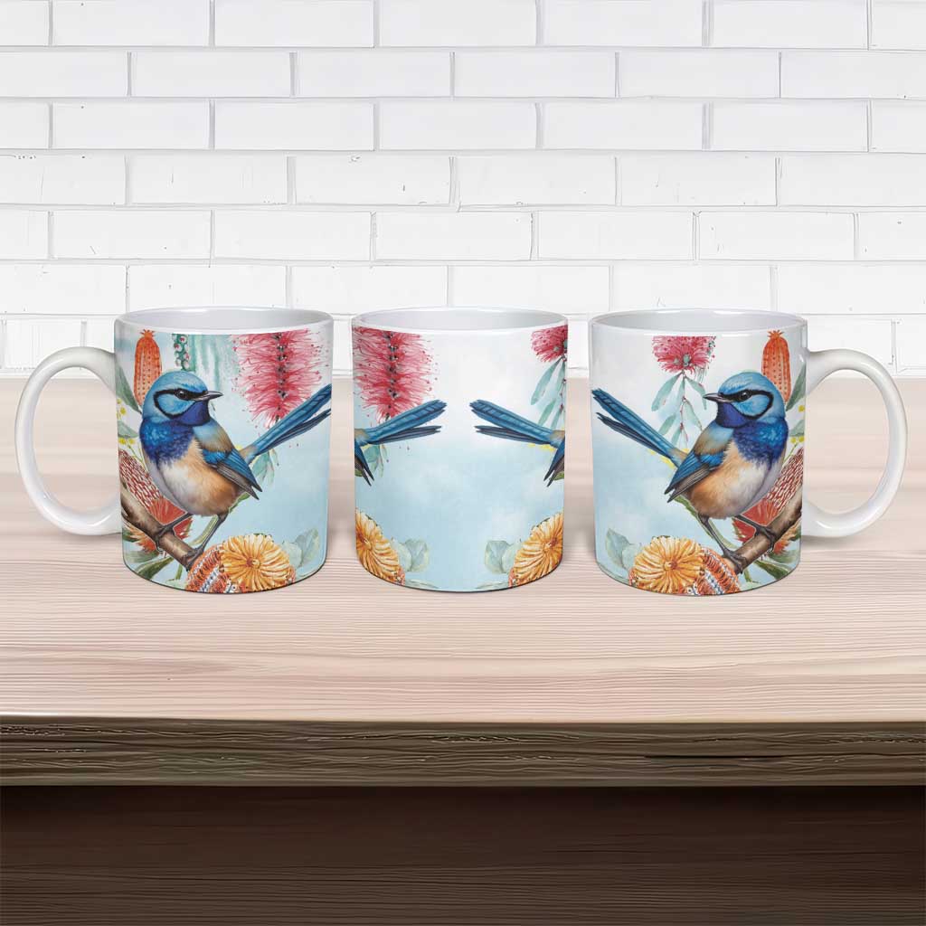 Splendid Fairy-wren Australia Ceramic Mug Aussie National Flowers - Watercolor Style - Aussie Hoodie
