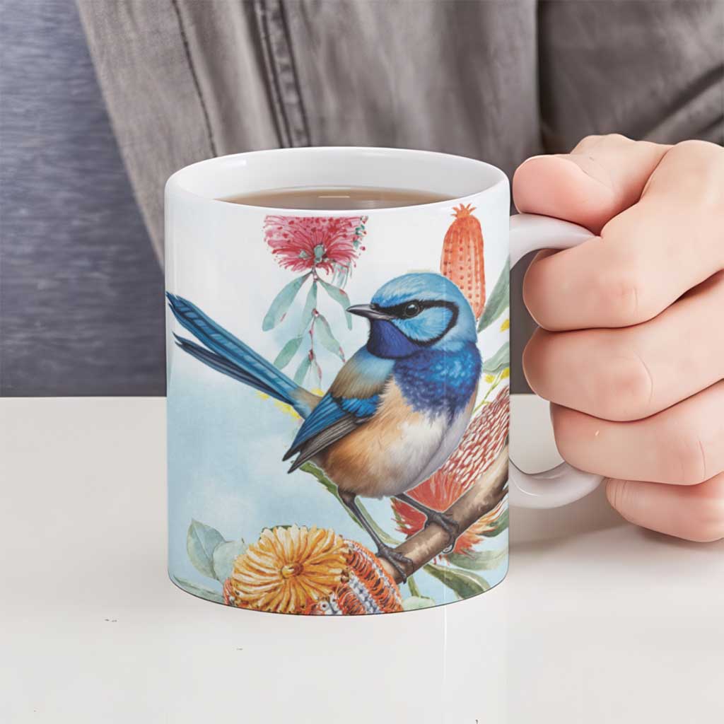 Splendid Fairy-wren Australia Ceramic Mug Aussie National Flowers - Watercolor Style - Aussie Hoodie
