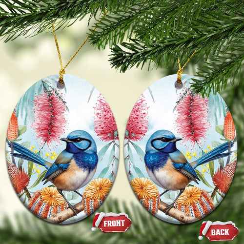 Splendid Fairy-wren Australia Ceramic Ornament Aussie National Flowers - Watercolor Style
