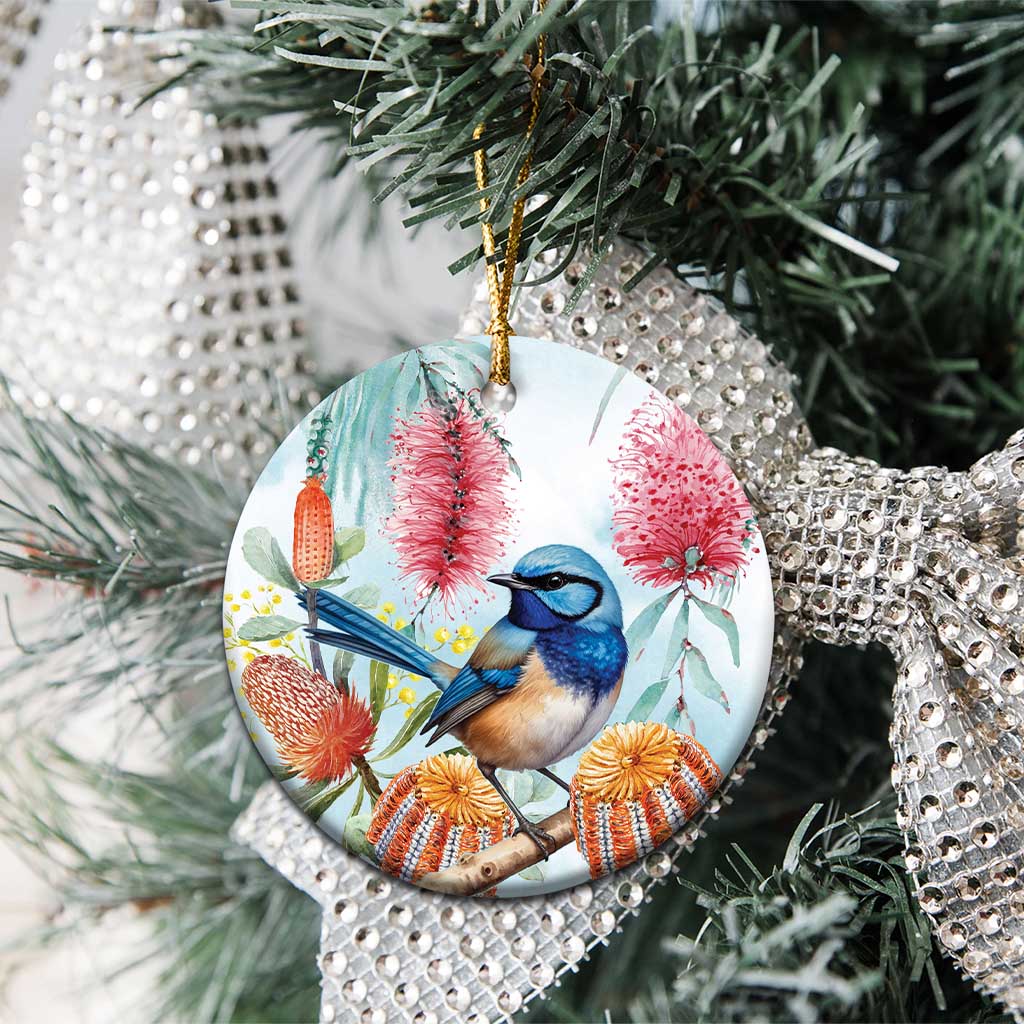 Splendid Fairy-wren Australia Ceramic Ornament Aussie National Flowers - Watercolor Style