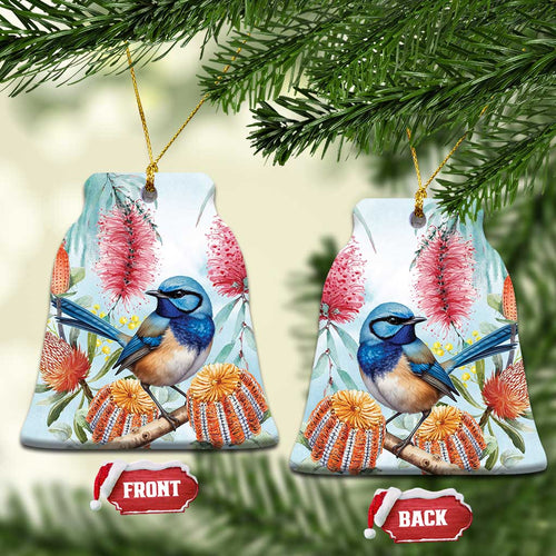 Splendid Fairy-wren Australia Ceramic Ornament Aussie National Flowers - Watercolor Style