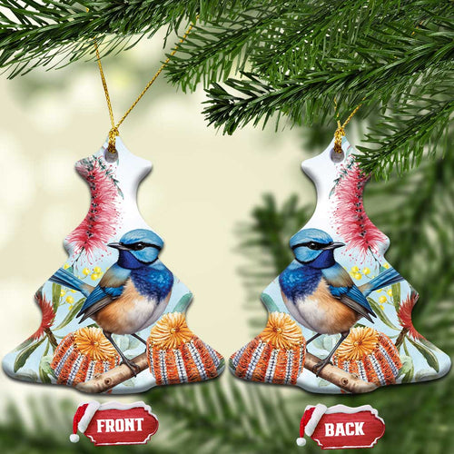 Splendid Fairy-wren Australia Ceramic Ornament Aussie National Flowers - Watercolor Style