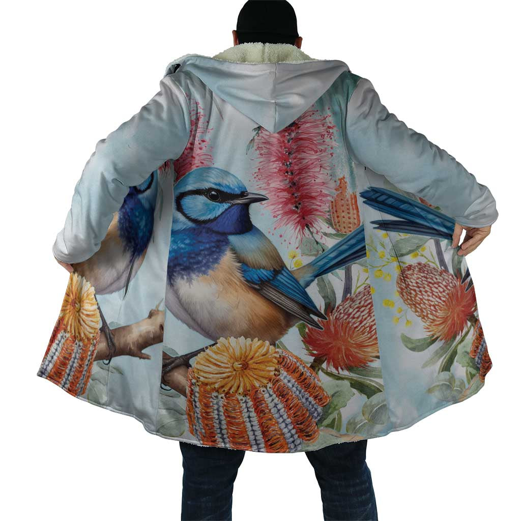 Splendid Fairy-wren Australia Cloak Aussie National Flowers - Watercolor Style - Aussie Hoodie