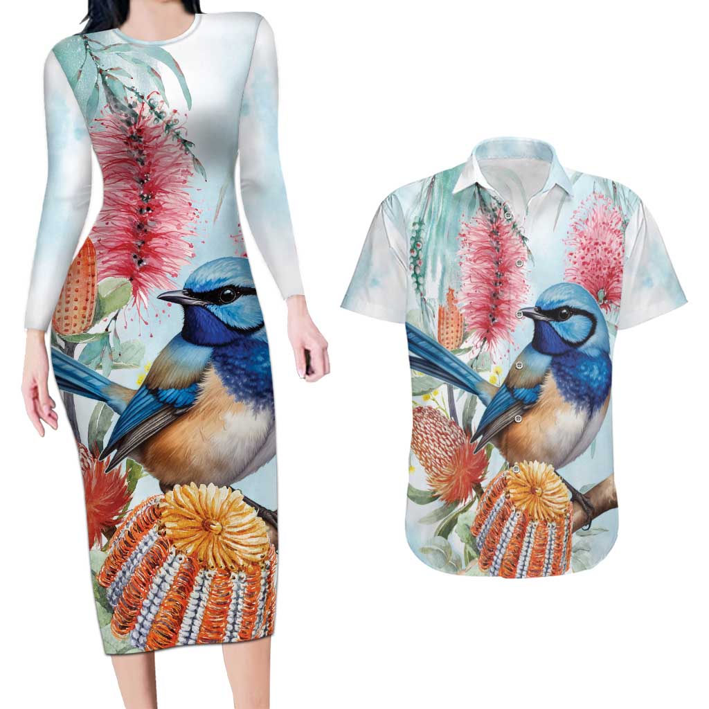 Splendid Fairy-wren Australia Couples Matching Long Sleeve Bodycon Dress and Hawaiian Shirt Aussie National Flowers - Watercolor Style