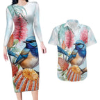 Splendid Fairy-wren Australia Couples Matching Long Sleeve Bodycon Dress and Hawaiian Shirt Aussie National Flowers - Watercolor Style
