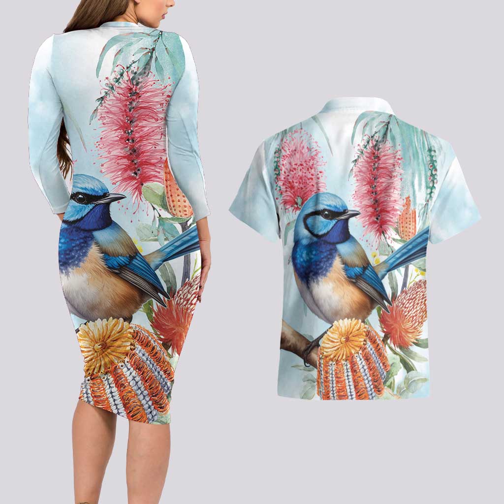 Splendid Fairy-wren Australia Couples Matching Long Sleeve Bodycon Dress and Hawaiian Shirt Aussie National Flowers - Watercolor Style