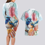 Splendid Fairy-wren Australia Couples Matching Long Sleeve Bodycon Dress and Hawaiian Shirt Aussie National Flowers - Watercolor Style