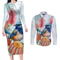 Splendid Fairy-wren Australia Couples Matching Long Sleeve Bodycon Dress and Long Sleeve Button Shirt Aussie National Flowers - Watercolor Style