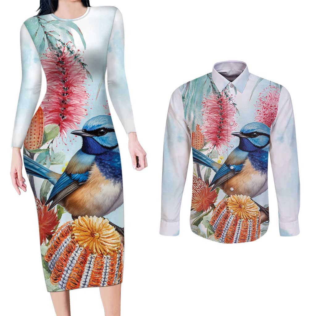 Splendid Fairy-wren Australia Couples Matching Long Sleeve Bodycon Dress and Long Sleeve Button Shirt Aussie National Flowers - Watercolor Style
