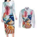 Splendid Fairy-wren Australia Couples Matching Long Sleeve Bodycon Dress and Long Sleeve Button Shirt Aussie National Flowers - Watercolor Style