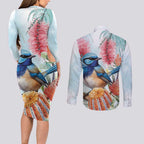 Splendid Fairy-wren Australia Couples Matching Long Sleeve Bodycon Dress and Long Sleeve Button Shirt Aussie National Flowers - Watercolor Style