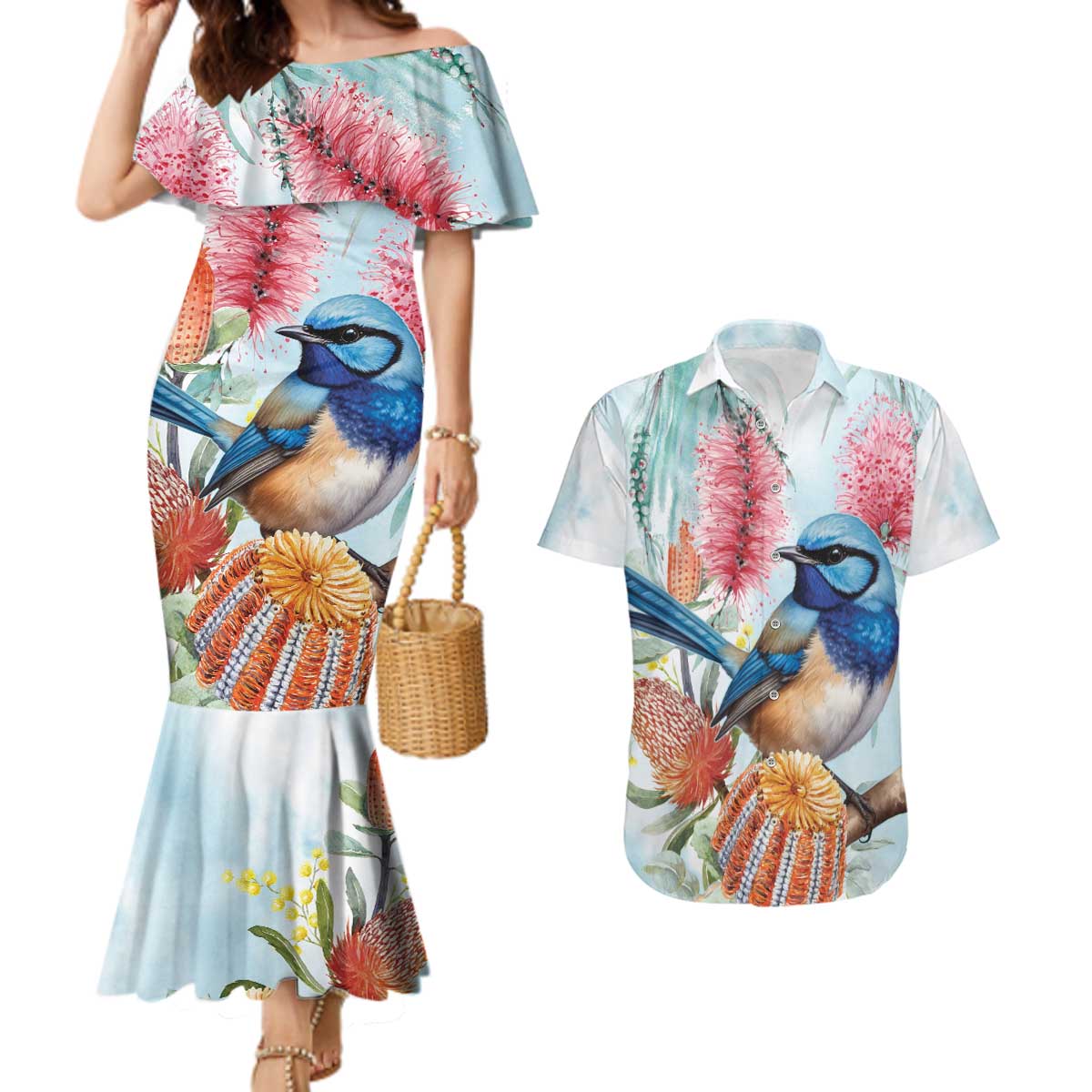 Splendid Fairy-wren Australia Couples Matching Mermaid Dress and Hawaiian Shirt Aussie National Flowers - Watercolor Style