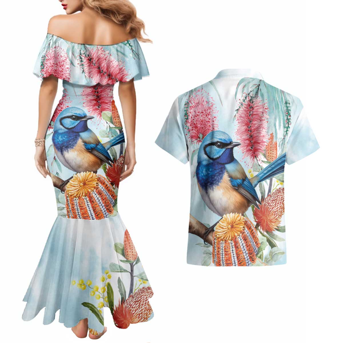 Splendid Fairy-wren Australia Couples Matching Mermaid Dress and Hawaiian Shirt Aussie National Flowers - Watercolor Style