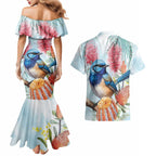 Splendid Fairy-wren Australia Couples Matching Mermaid Dress and Hawaiian Shirt Aussie National Flowers - Watercolor Style