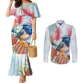Splendid Fairy-wren Australia Couples Matching Mermaid Dress and Long Sleeve Button Shirt Aussie National Flowers - Watercolor Style