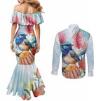 Splendid Fairy-wren Australia Couples Matching Mermaid Dress and Long Sleeve Button Shirt Aussie National Flowers - Watercolor Style