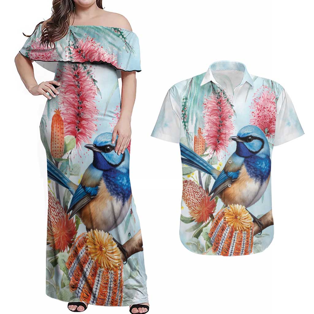 Splendid Fairy-wren Australia Couples Matching Off Shoulder Maxi Dress and Hawaiian Shirt Aussie National Flowers - Watercolor Style