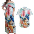 Splendid Fairy-wren Australia Couples Matching Off Shoulder Maxi Dress and Hawaiian Shirt Aussie National Flowers - Watercolor Style