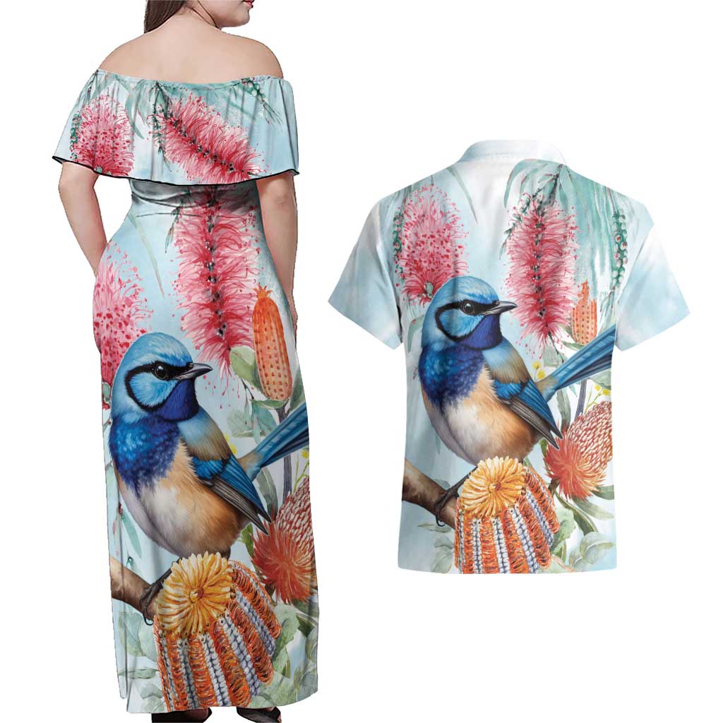 Splendid Fairy-wren Australia Couples Matching Off Shoulder Maxi Dress and Hawaiian Shirt Aussie National Flowers - Watercolor Style