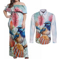 Splendid Fairy-wren Australia Couples Matching Off Shoulder Maxi Dress and Long Sleeve Button Shirt Aussie National Flowers - Watercolor Style