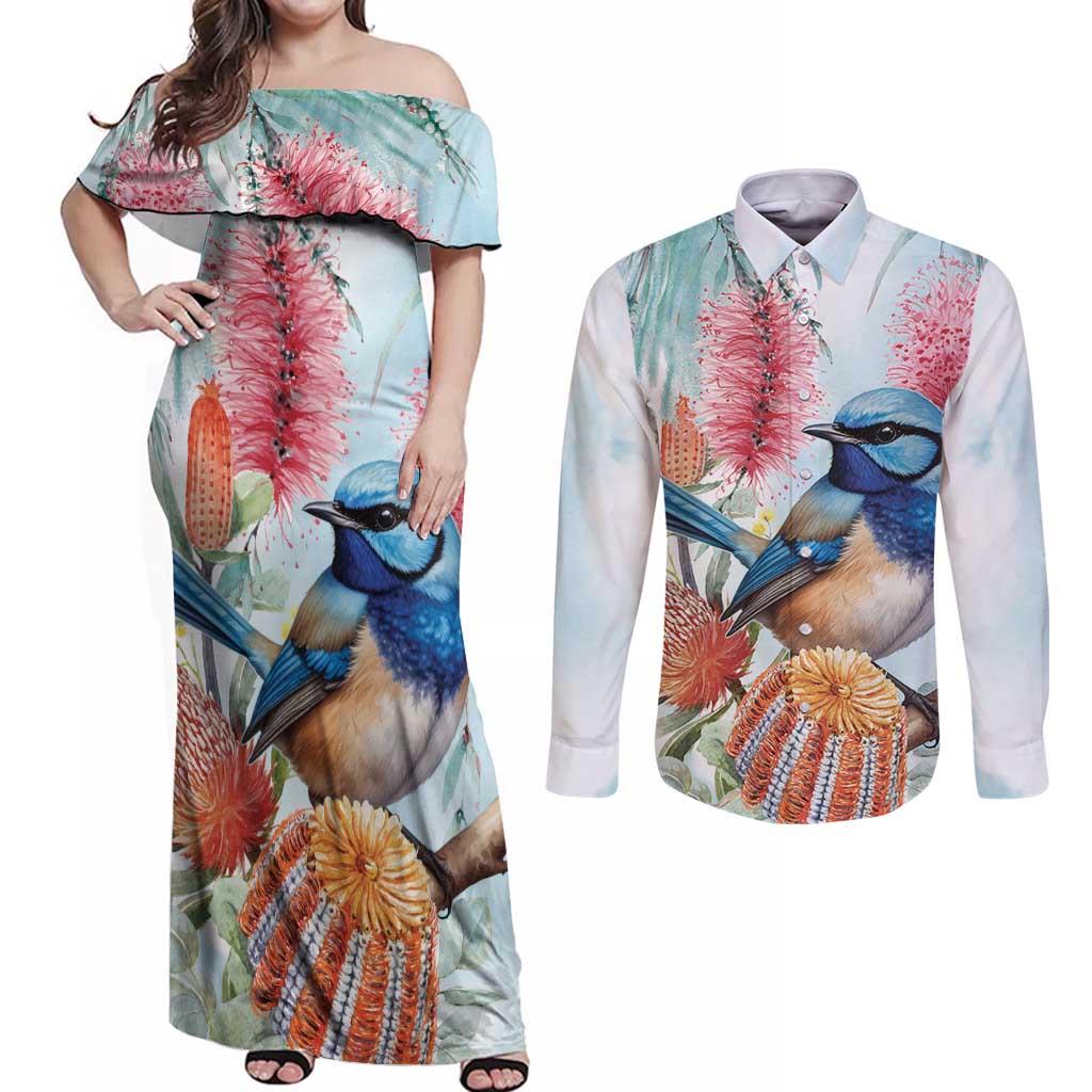 Splendid Fairy-wren Australia Couples Matching Off Shoulder Maxi Dress and Long Sleeve Button Shirt Aussie National Flowers - Watercolor Style