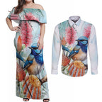 Splendid Fairy-wren Australia Couples Matching Off Shoulder Maxi Dress and Long Sleeve Button Shirt Aussie National Flowers - Watercolor Style